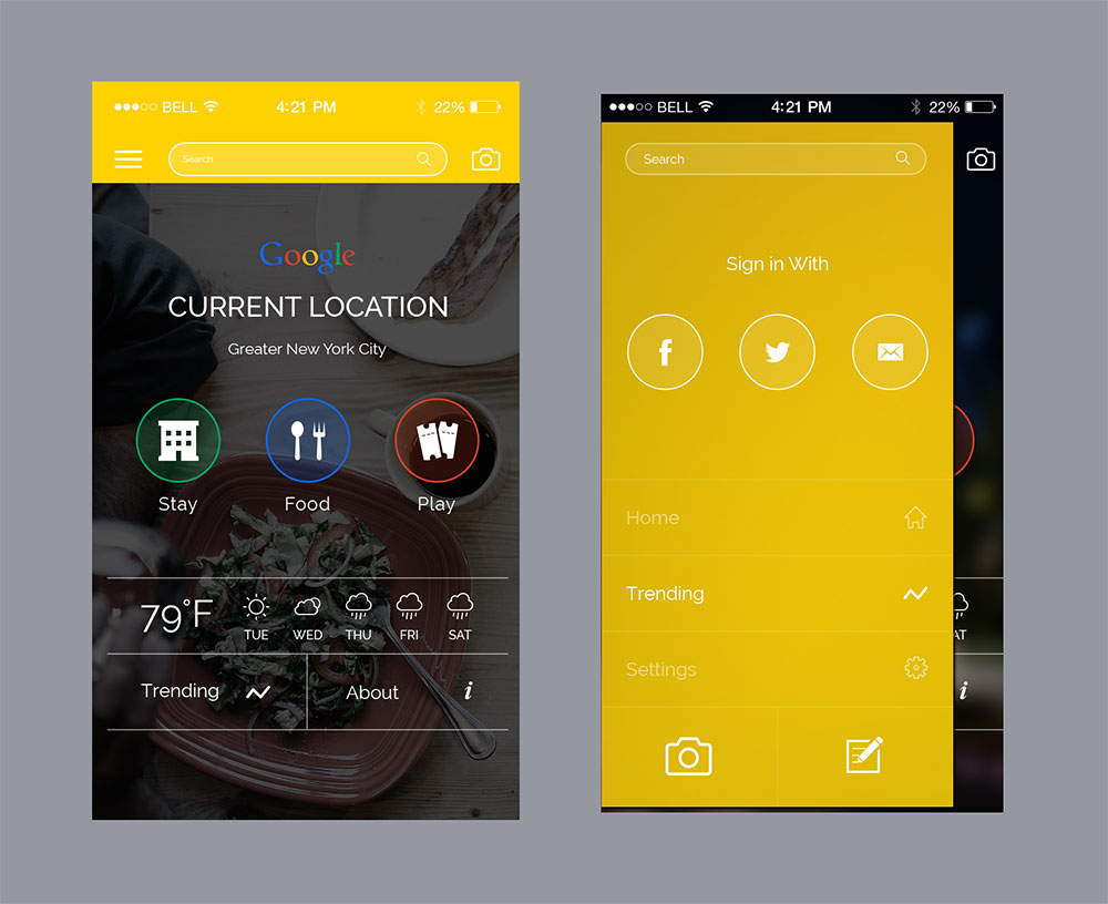 Mobile app interface showing weather and menu.