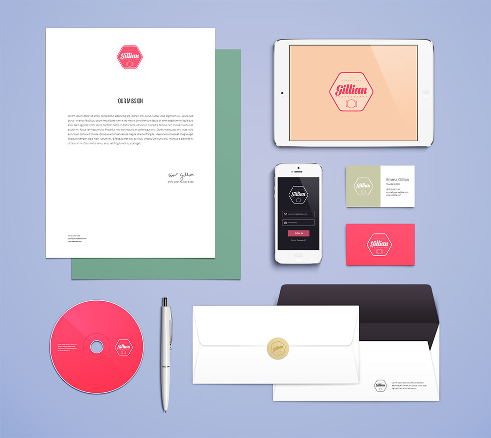 Stationery and digital branding mockup on display.
